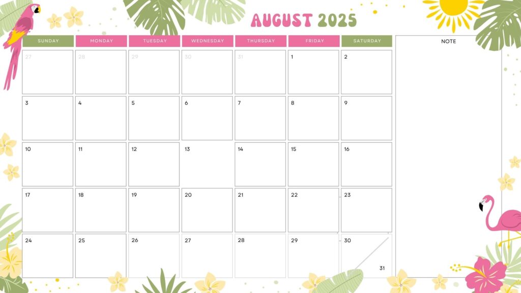 Cute August Calendar 2025: Free Printable & Editable Templates for All Ages 3 Cute August Calendar Template