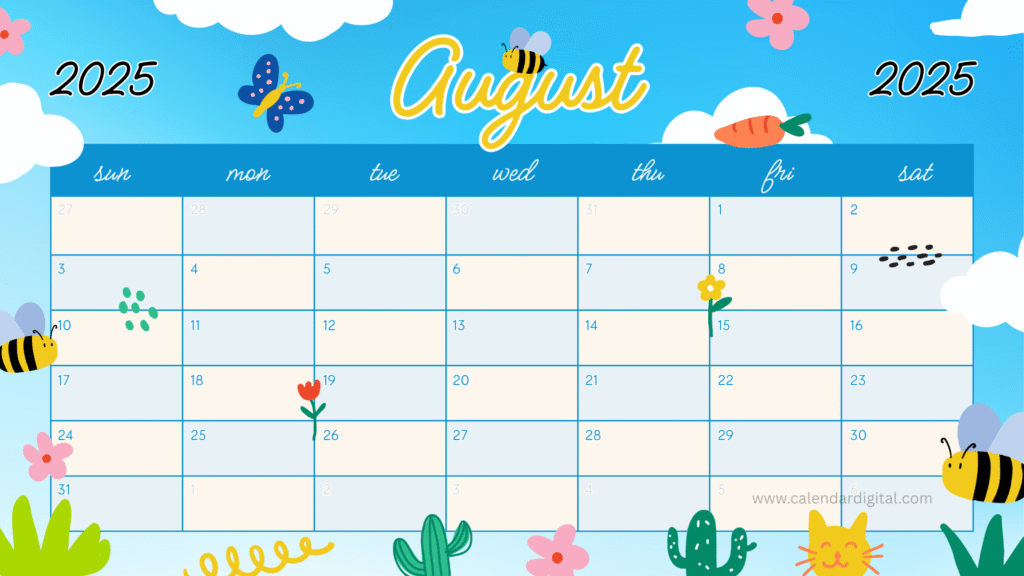 Cute August Calendar 2025: Free Printable & Editable Templates for All Ages 4 Free Download August 2025 Calendar Template