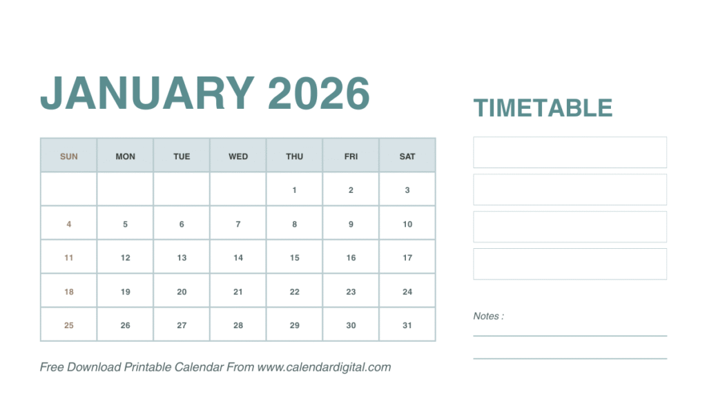 January calendar 2026 showing all weeks and dates
