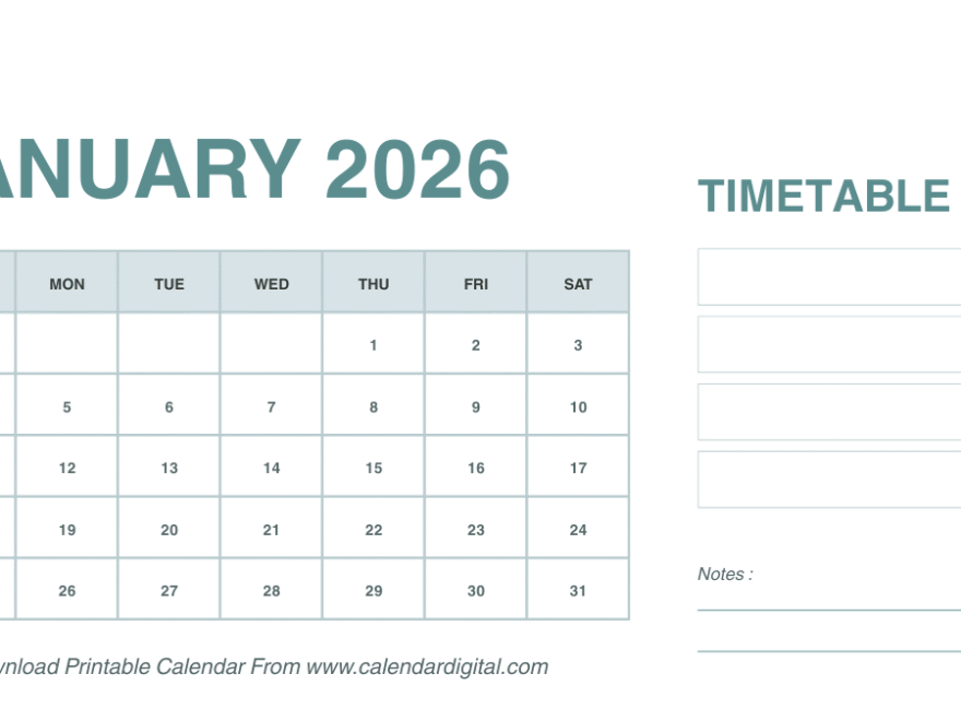 January calendar 2026 showing all weeks and dates