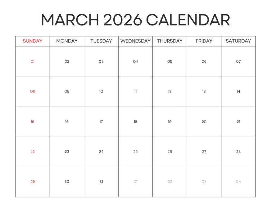 Free Printable March 2026 Calendar