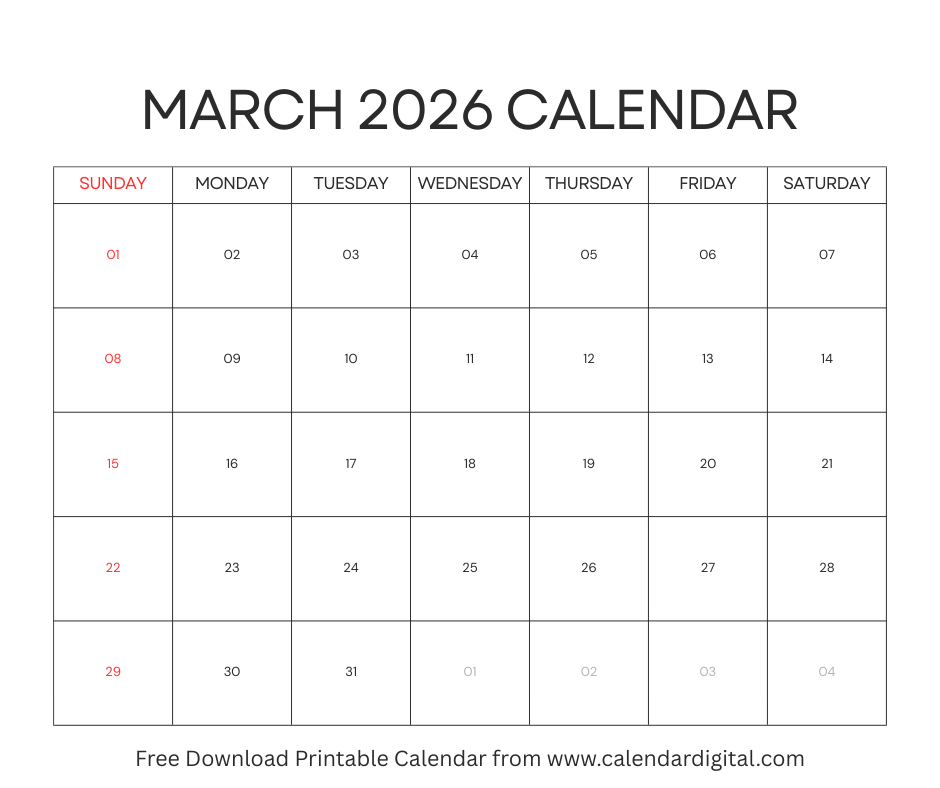Free Printable March 2026 Calendar