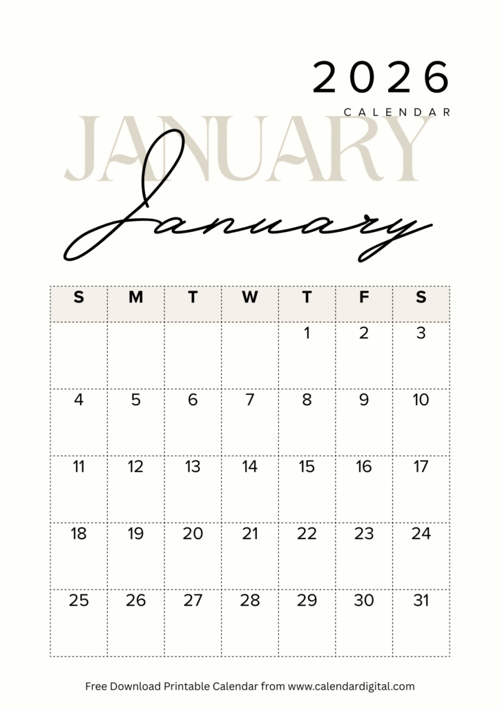 January 2026 calendar showing week wise dates