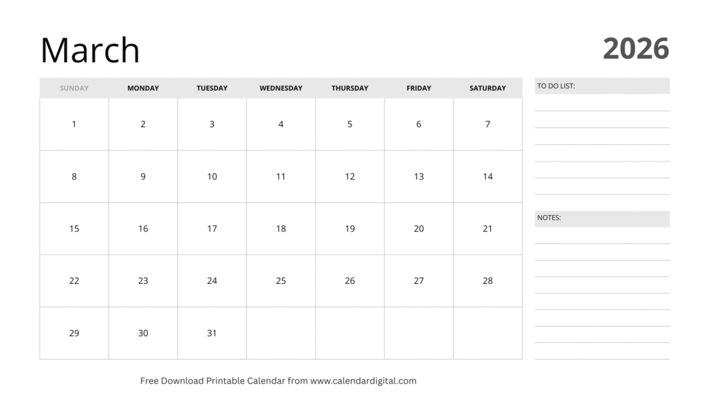 March 2026 Calendar Blank Printable