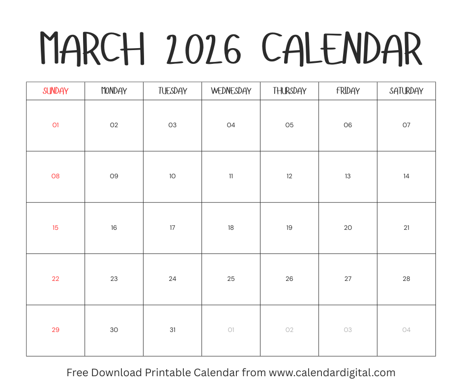 March 2026 Calendar Printable Free Download