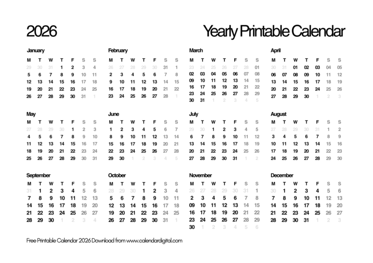 Printable 2026 Calendar With Holidays – Complete Monthly Guide 7 Printable 2026 Yearly Calendar
