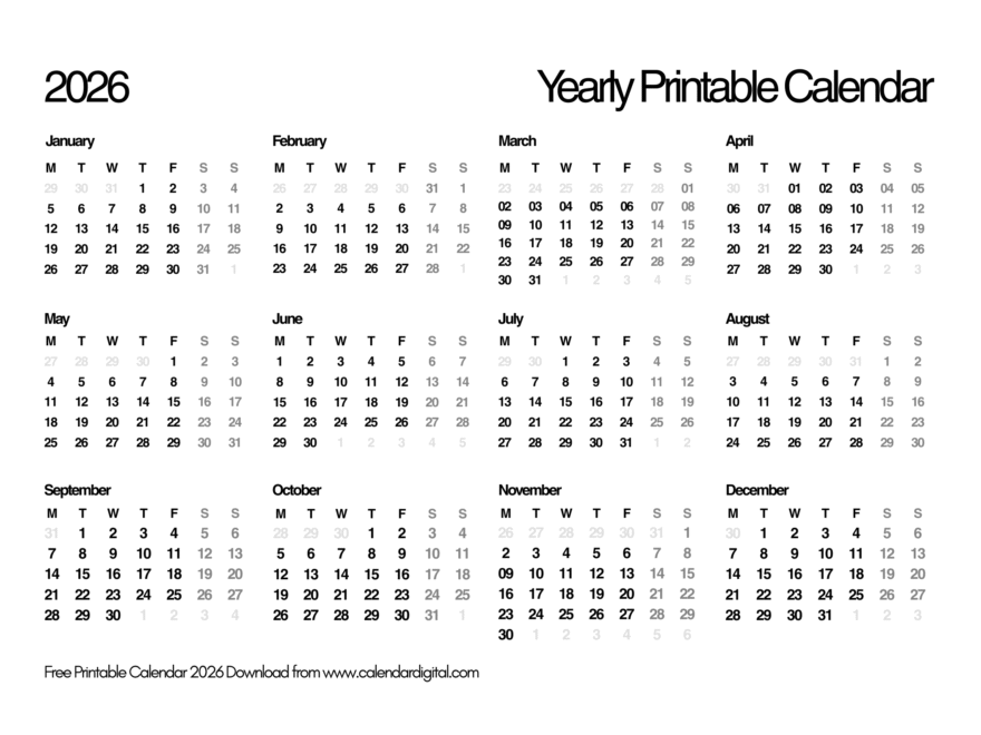 Printable 2026 Yearly Calendar