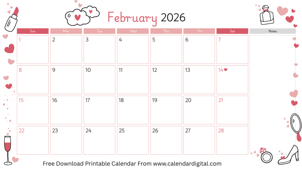 February 2026 Calendar: Complete Guide to February Month, Festivals, Horoscope & Holidays 6 Printable February 2026 Calendar Pink Festive Valentine's Day Decor