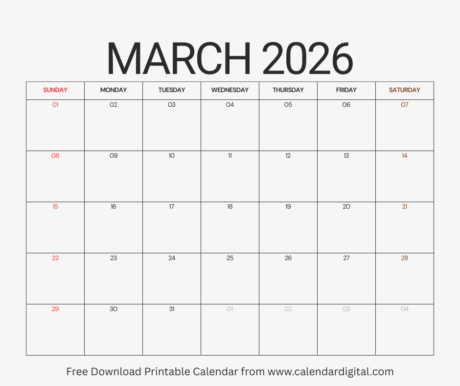 Printable March 2026 Calendar PDF