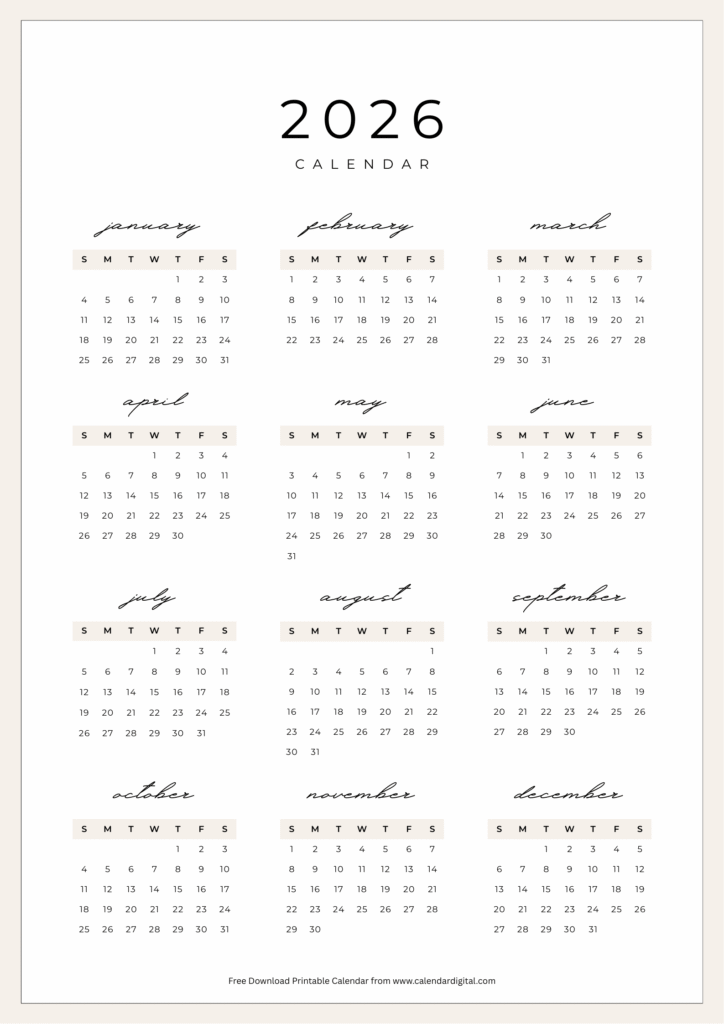 Yearly Printable 2026 Calendar