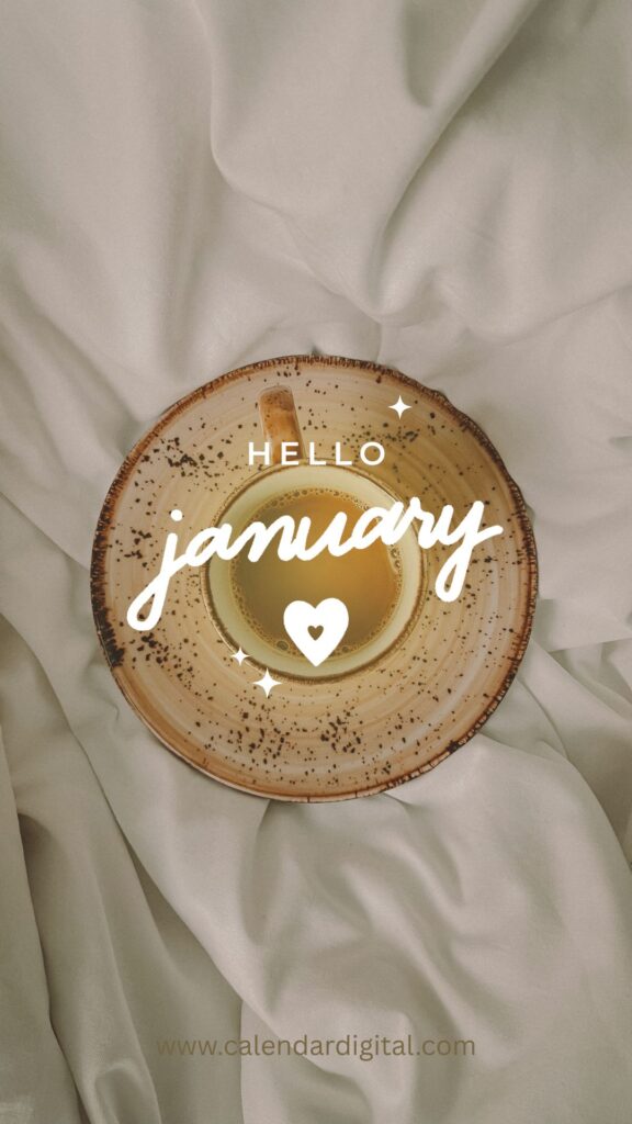 Hello January: Free Download Images, GIFs, Clip Art & Wishes to Welcome the New Month 8 Hello January cozy morning coffee cup on soft bed with warm aesthetic