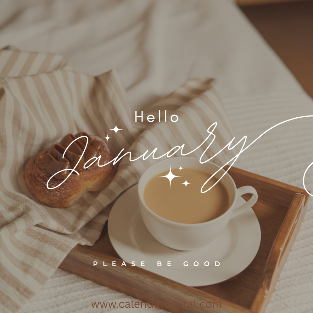 Hello January: Free Download Images, GIFs, Clip Art & Wishes to Welcome the New Month 7 Hello January morning coffee with croissant on wooden tray minimalist lifestyle