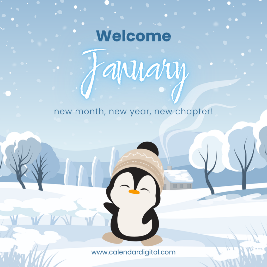 Hello January: Free Download Images, GIFs, Clip Art & Wishes to Welcome the New Month 4 Welcome January cute winter penguin illustration with snowy background