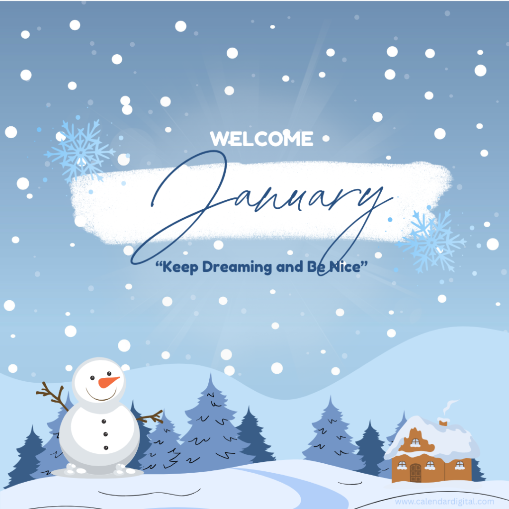 Hello January: Free Download Images, GIFs, Clip Art & Wishes to Welcome the New Month 3 Welcome January winter illustration with snowman snowfall and cozy landscape