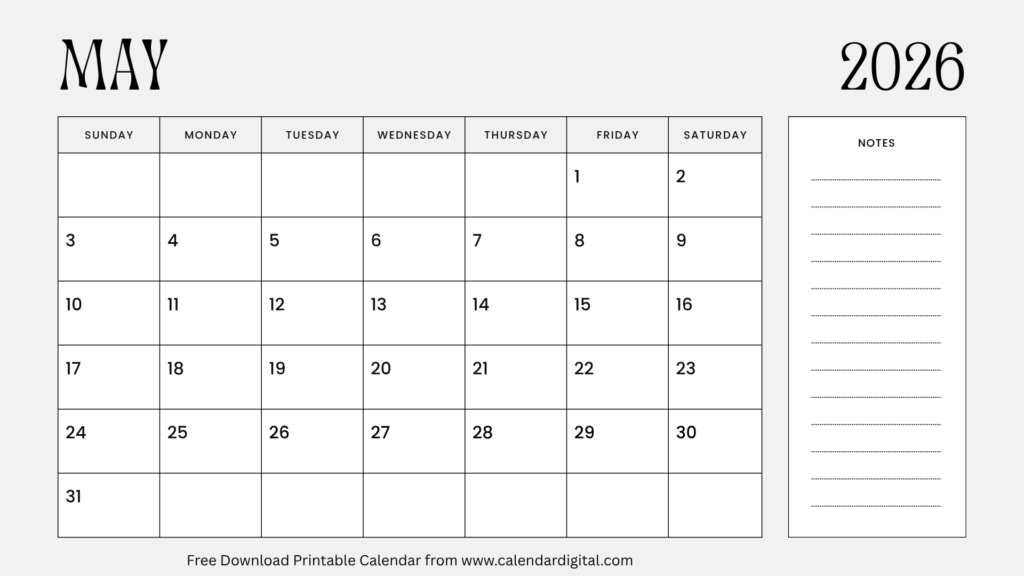 May 2026 calendar with notes section printable black and white