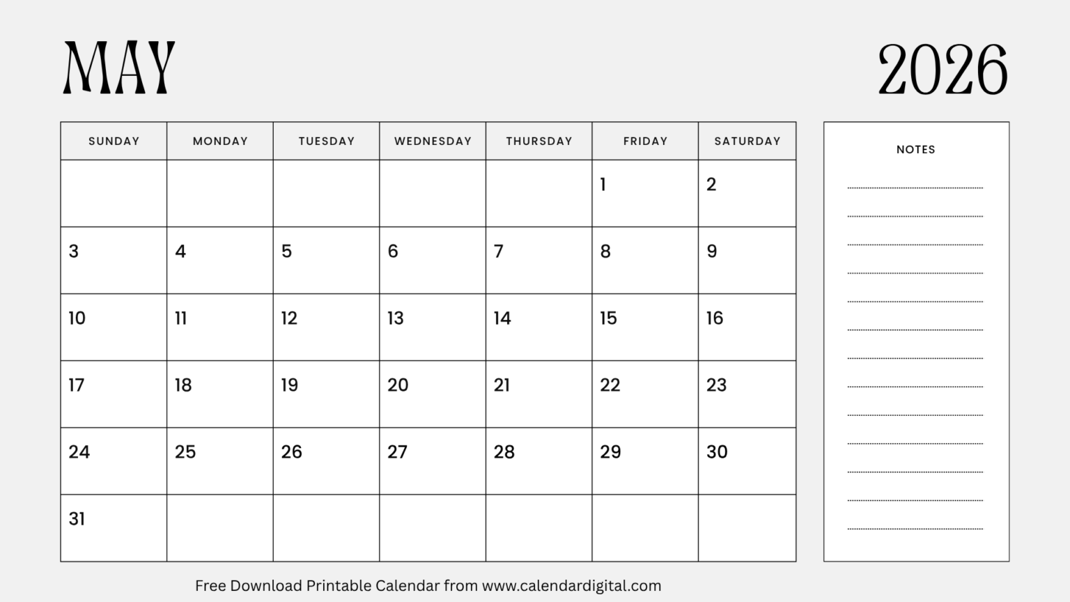 May 2026 Calendar Printable PDF - Holidays & Monthly Planner