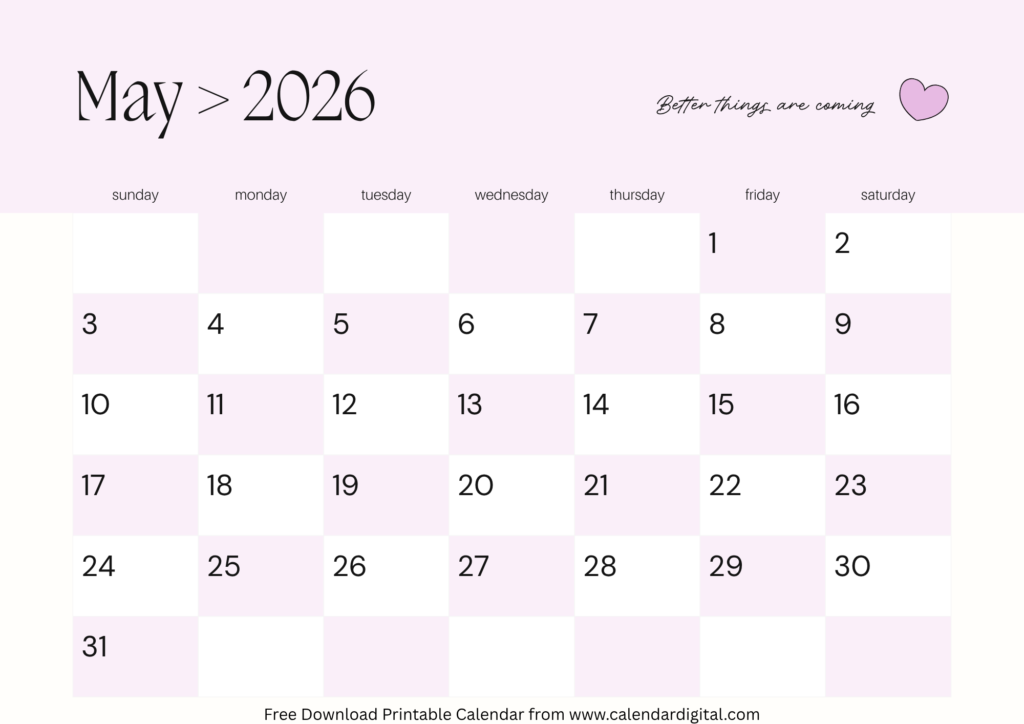 May 2026 aesthetic calendar printable cute pink design