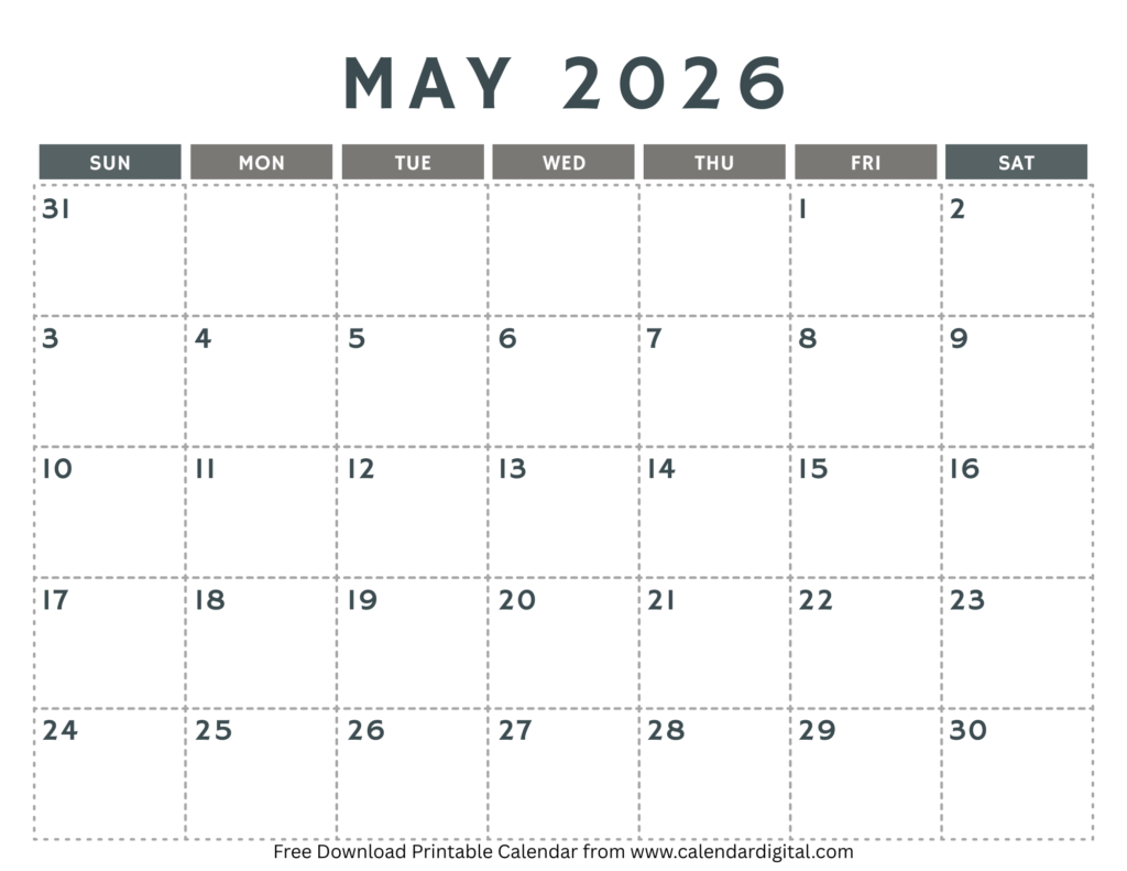 May 2026 calendar printable grey template