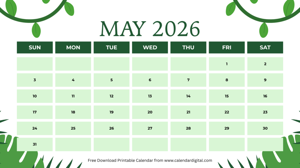 May 2026 printable calendar green design free download PDF