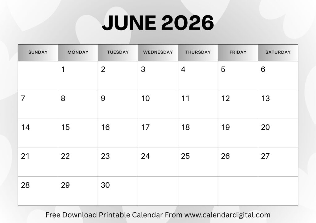 Free June 2026 calendar with holidays and scheduling space