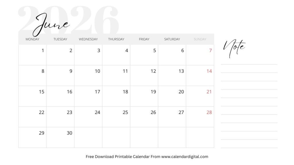Download June 2026 printable calendar in PDF format