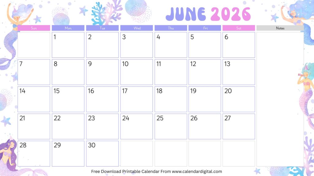 June 2026 monthly calendar for students and office work