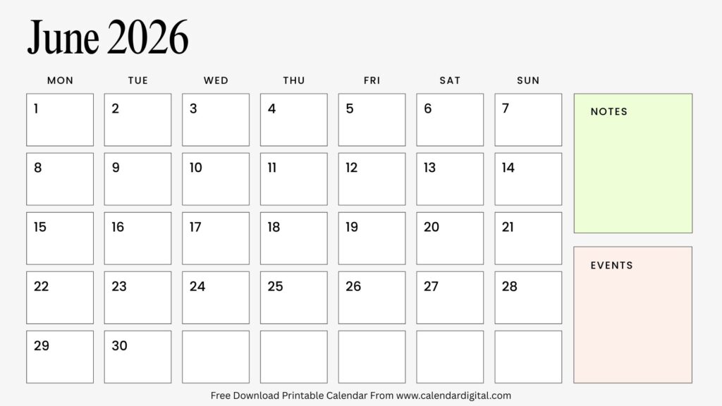 Printable June 2026 calendar template for monthly planning