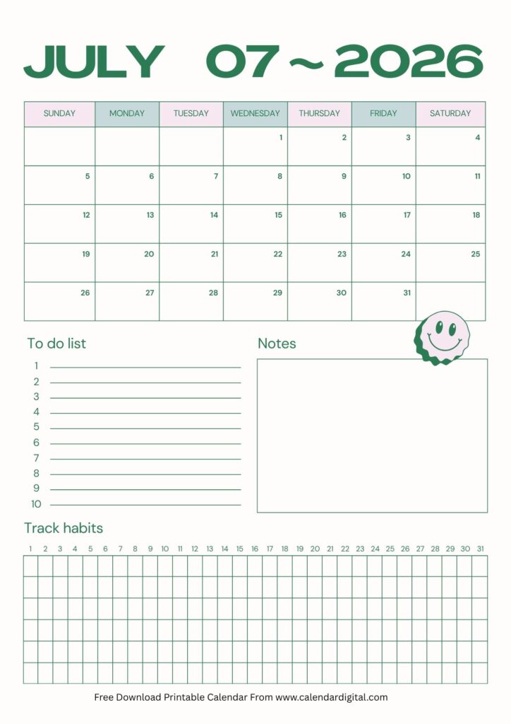 July 2026 calendar with habit tracker to do list and notes printable planner