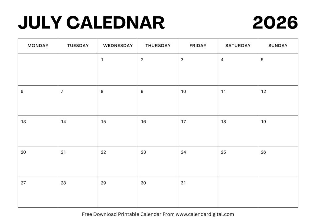 July 2026 landscape printable calendar template for monthly planning