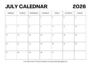 July 2026 landscape printable calendar template for monthly planning