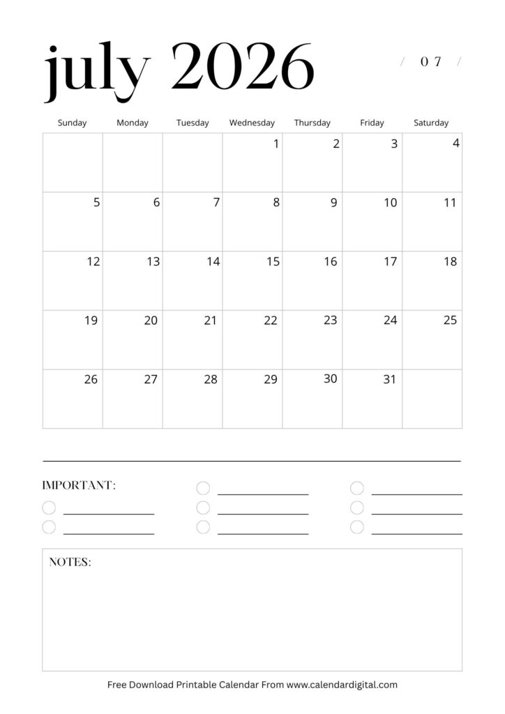 July 2026 calendar printable planner with notes section