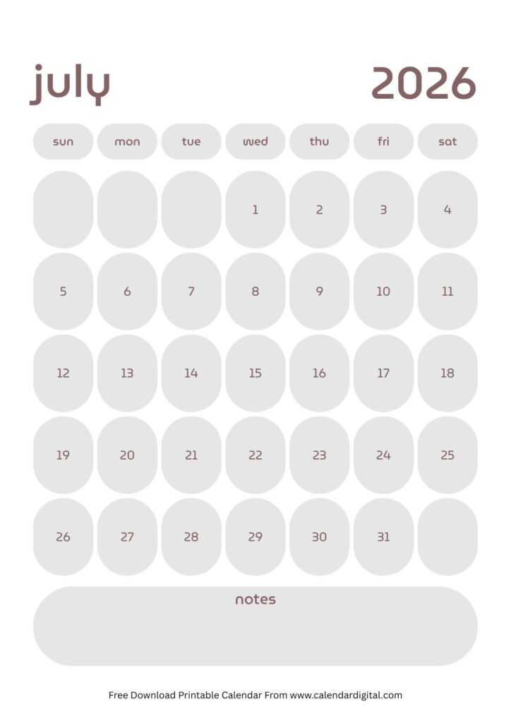 July 2026 calendar printable template with notes section and monthly planner layout