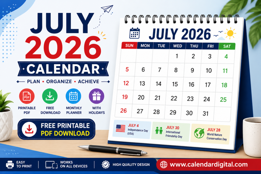 July 2026 calendar printable free PDF download