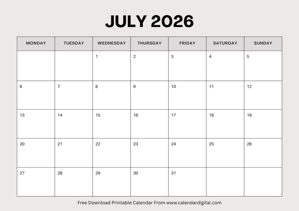 July 2026 monthly calendar printable template free download