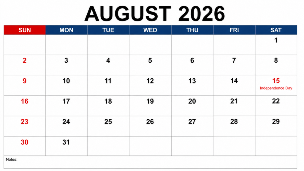 August 2026 Calendar – Free Printable PDF Download, Holidays, Festivals & Monthly Planning Guide 2 August 2026 Calendar Printable Free PDF Download with Holidays