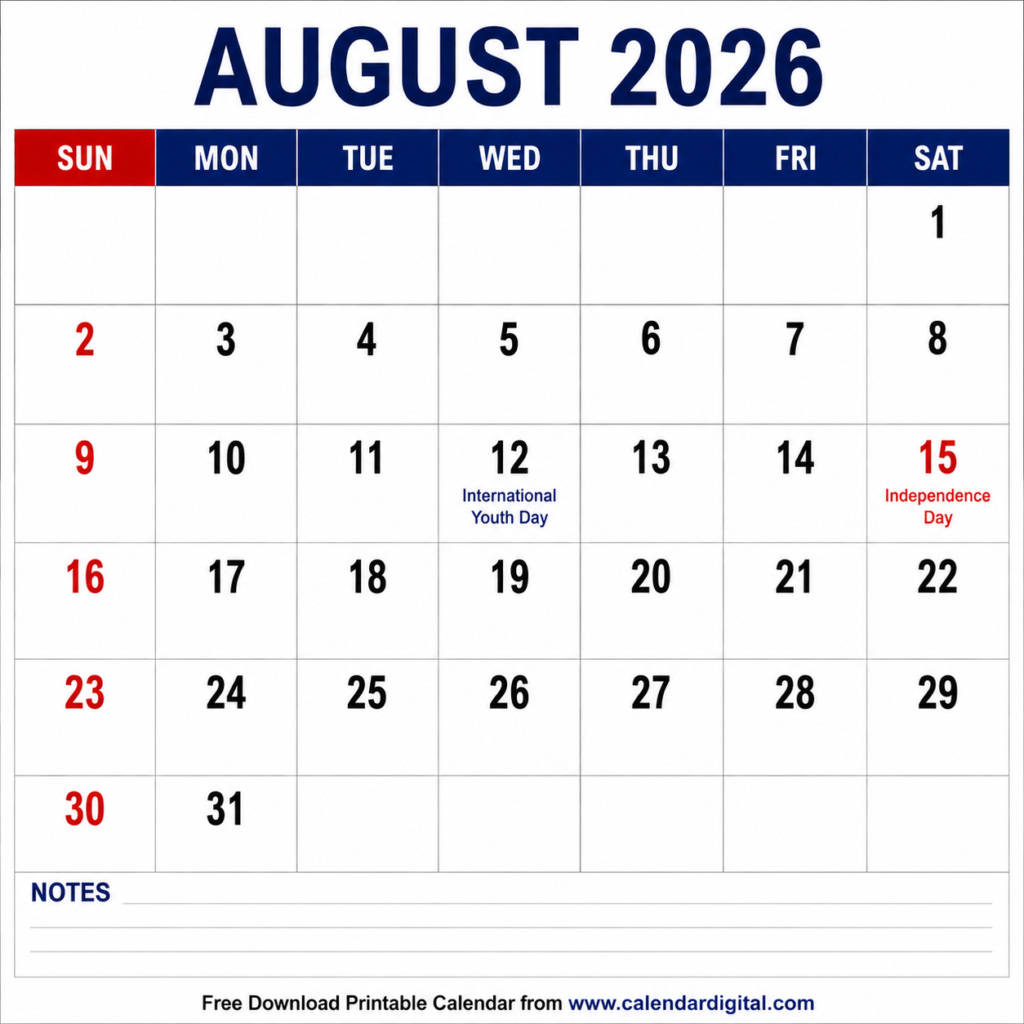 August 2026 Calendar – Free Printable PDF Download, Holidays, Festivals & Monthly Planning Guide 3 August 2026 Calendar Printable Classic Design PDF