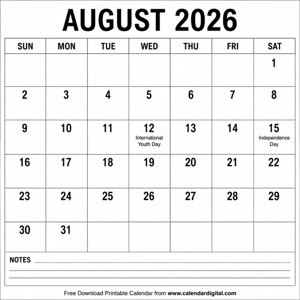 August 2026 Calendar – Free Printable PDF Download, Holidays, Festivals & Monthly Planning Guide 6 August 2026 Calendar Printable with Notes Section Free PDF Download
