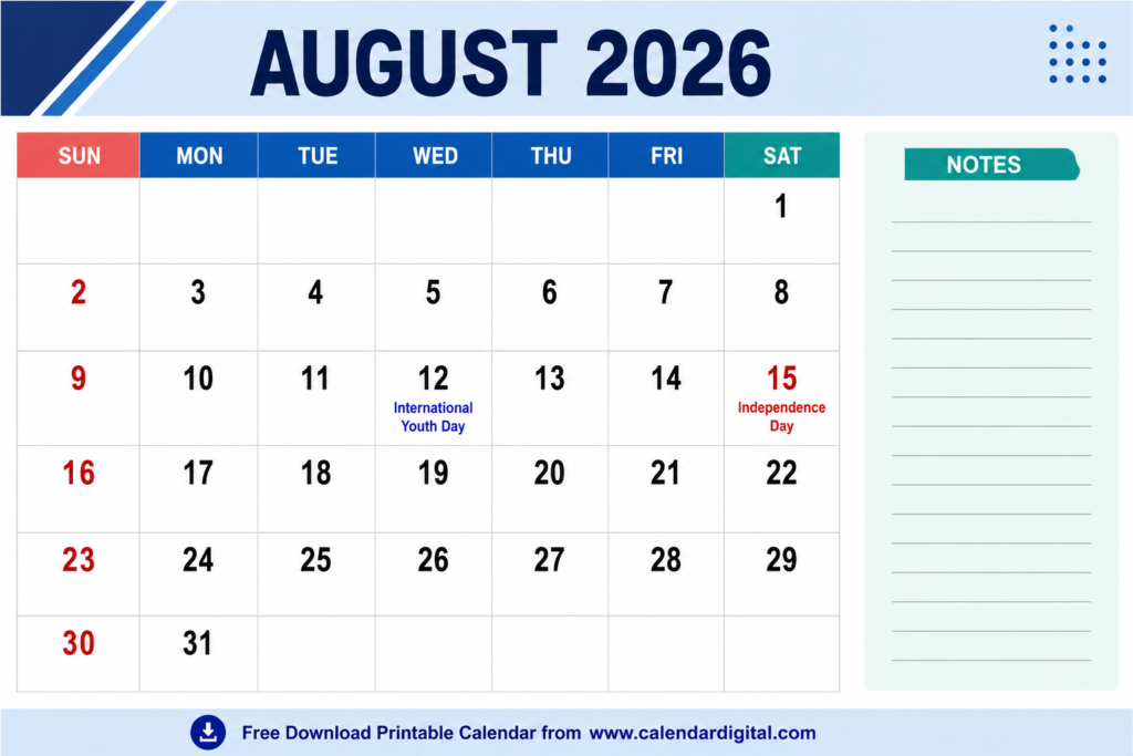 August 2026 Calendar – Free Printable PDF Download, Holidays, Festivals & Monthly Planning Guide 4 August 2026 Calendar Printable with Right Notes Section PDF
