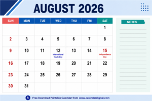 August 2026 Calendar Printable with Right Notes Section PDF