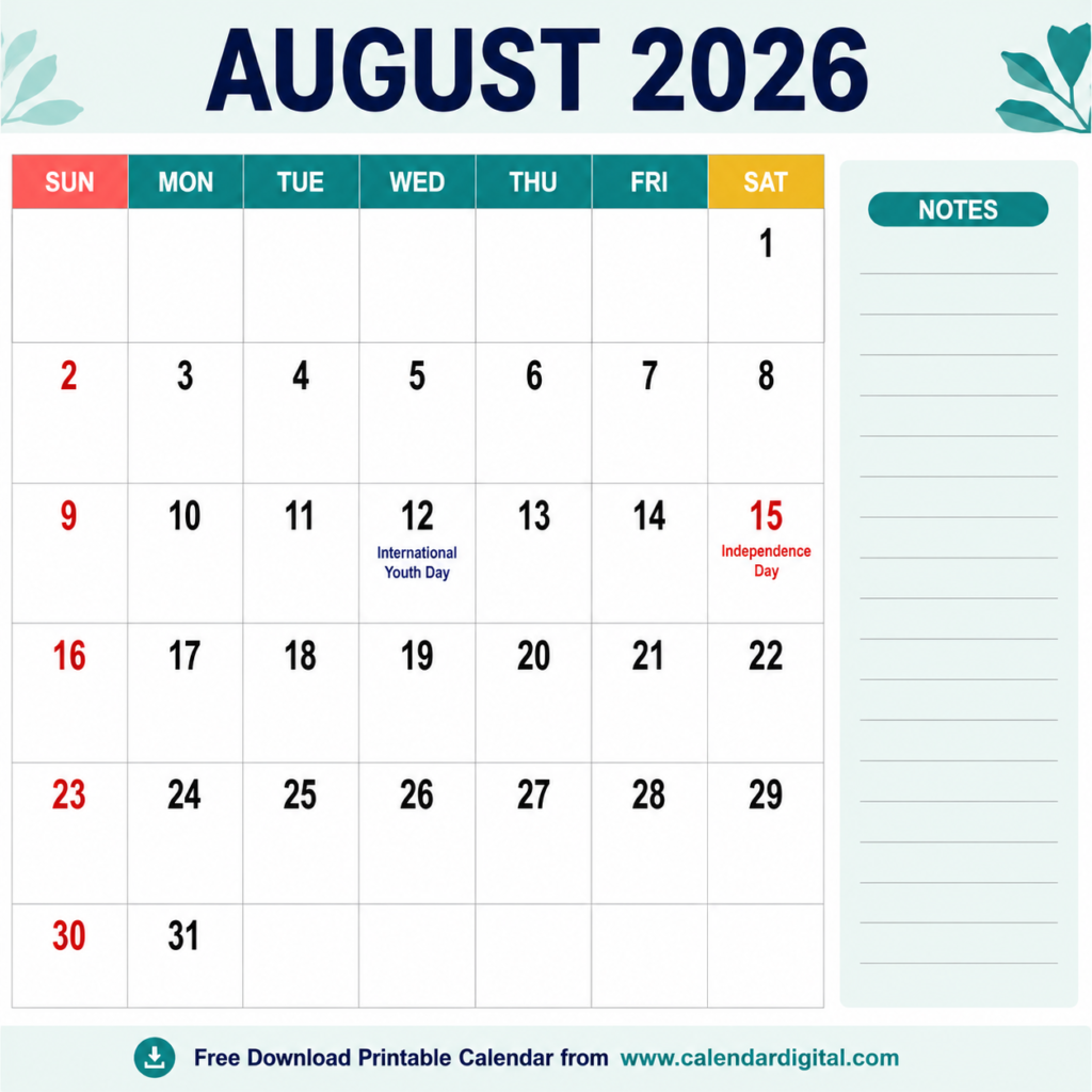 August 2026 Calendar – Free Printable PDF Download, Holidays, Festivals & Monthly Planning Guide 5 Printable August 2026 Calendar with Notes and Holidays