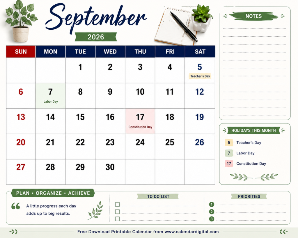 September 2026 Calendar – Free Printable PDF Download, Holidays & Monthly Planning Guide 4 September 2026 Calendar Printable with Holidays and Notes Section – Free PDF and PNG Download