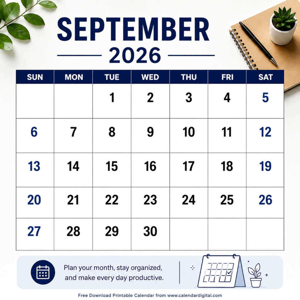 September 2026 Calendar – Free Printable PDF Download, Holidays & Monthly Planning Guide 5 September 2026 Calendar Printable with Notes – Free PDF and PNG Download for Monthly Planning