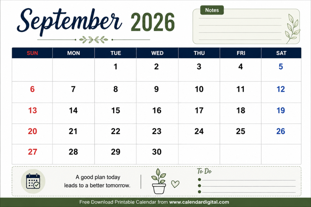 September 2026 Calendar – Free Printable PDF Download, Holidays & Monthly Planning Guide 6 September 2026 Calendar Printable with Notes Section and Red Sunday Highlights – Free PDF Download