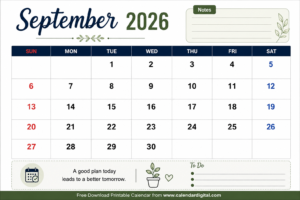 September 2026 Calendar Printable with Notes Section and Red Sunday Highlights – Free PDF Download